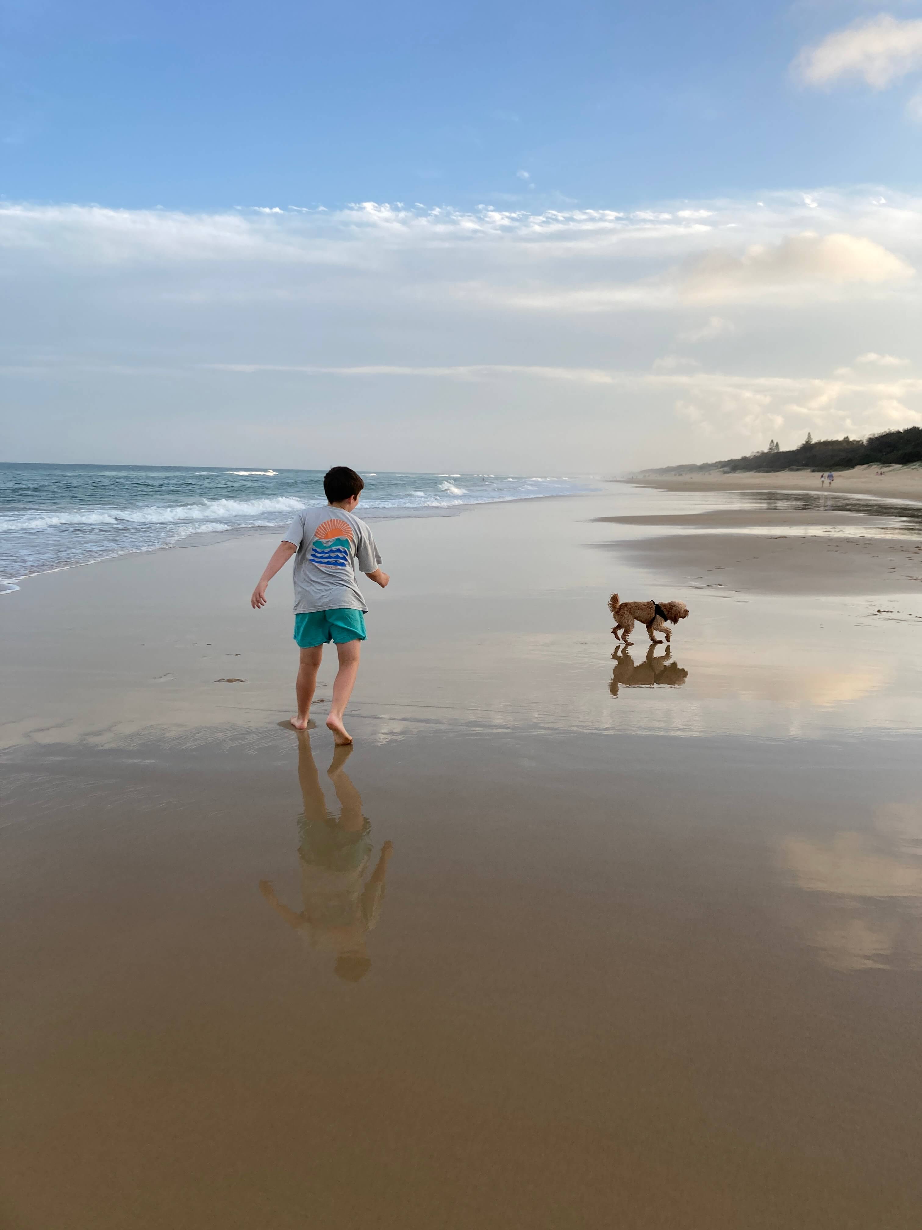 Boy and dog run along a queensland beach Boy and dog run along a queensland beach