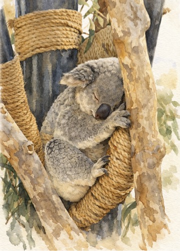 sleepy koala resting on branches