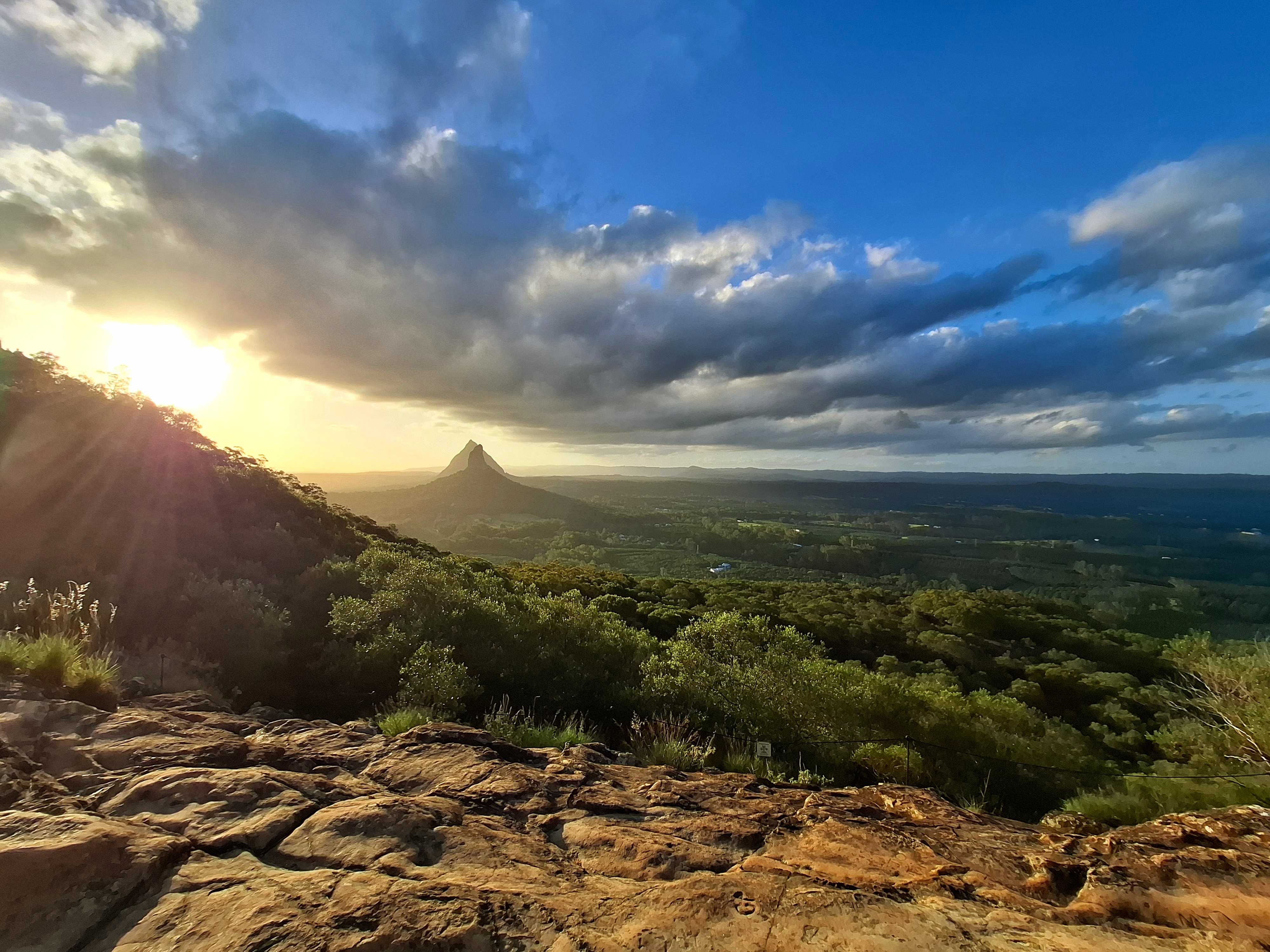 Christmas Day sunset over Glass House Mountains and hinterland valley