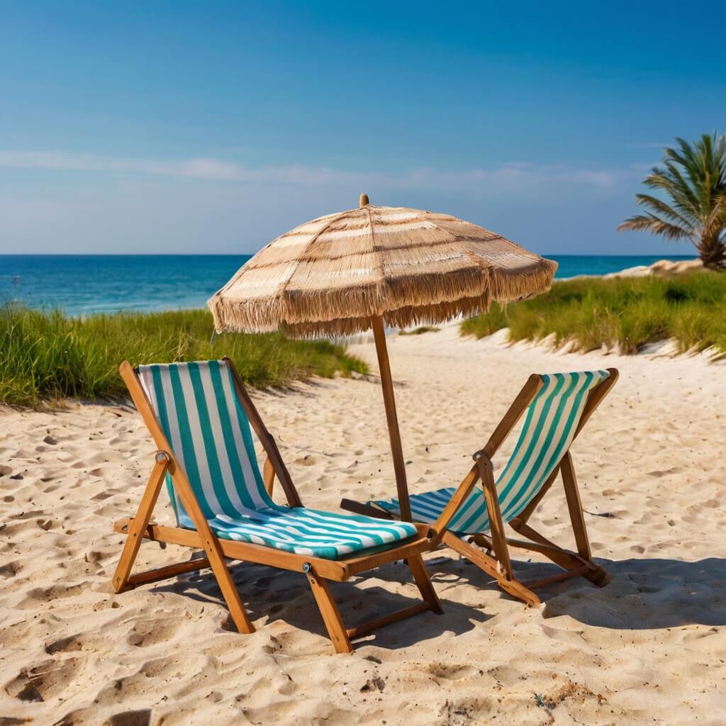 striped blue and white beach chairs with a white and brown umbrella in the middle sit on the sand