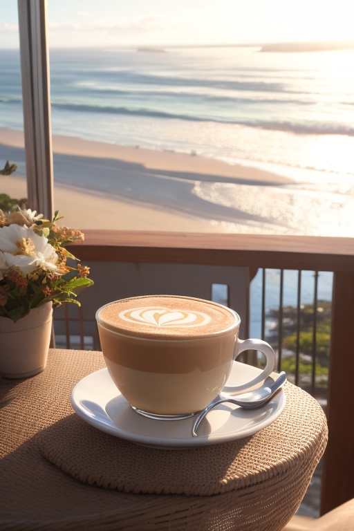 A chai latte sits in a cafe in Australia. Overlooking the ocean. Soft glow of afternoon sunlight filters through A chai latte sits in a cafe in Australia. Overlooking the ocean. Soft glow of afternoon sunlight filters through