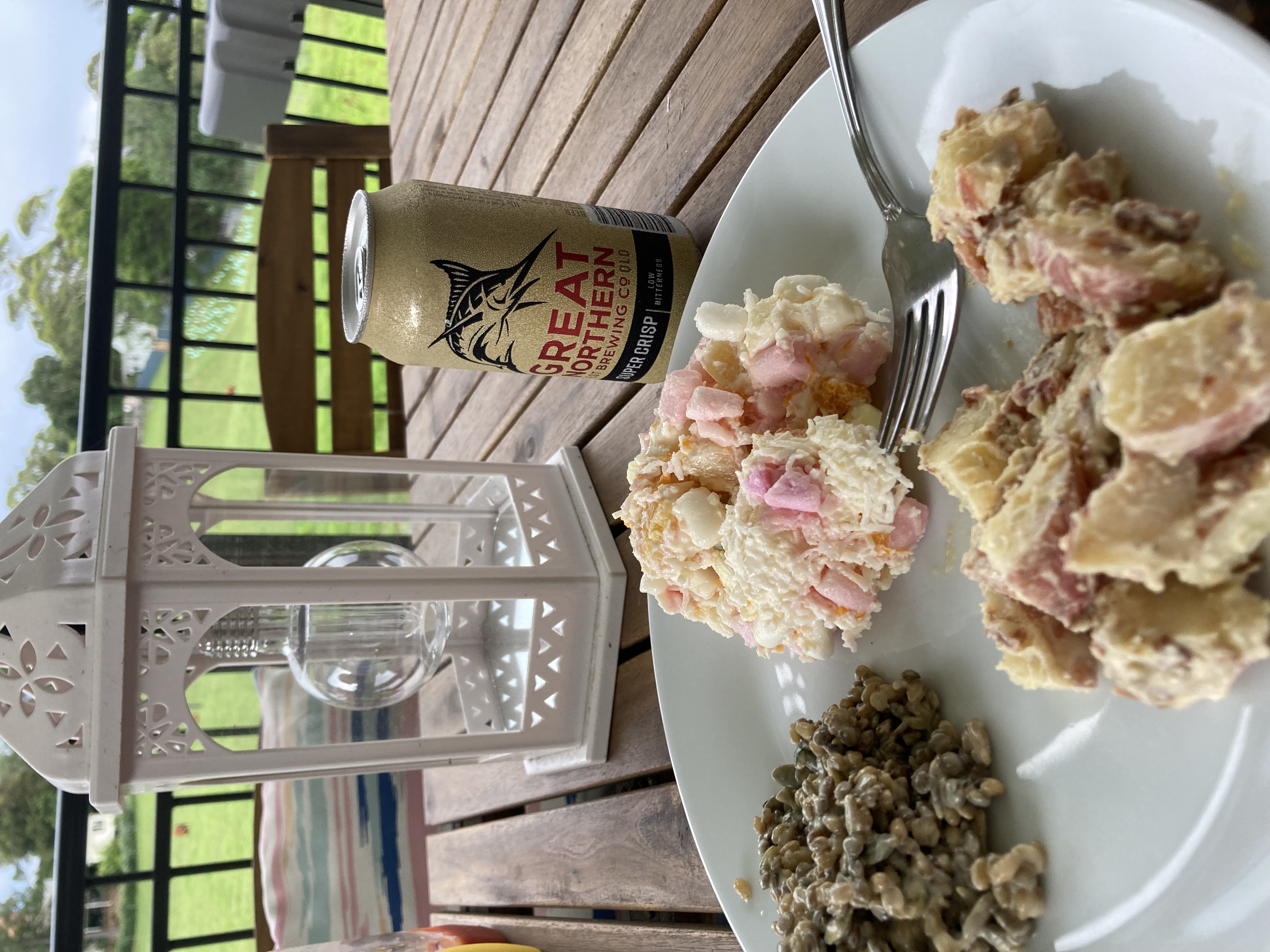christmas lunch salads ambrosia lentil, potato salad ,and a can of beer christmas lunch salads ambrosia lentil, potato salad ,and a can of beer