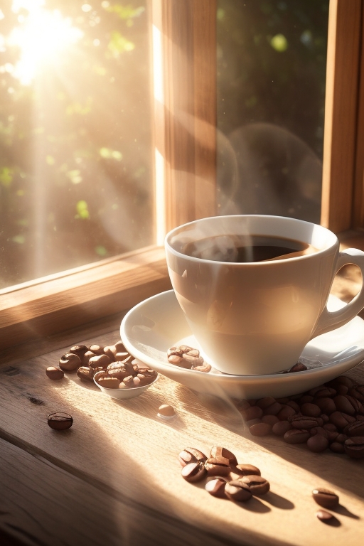A single cup of coffee sits on a wooden table with lots of coffee beans scattered around. Afternoon sunlight streams through a window A single cup of coffee sits on a wooden table with lots of coffee beans scattered around. Afternoon sunlight streams through a window