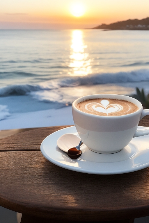 cup of coffee with a heart pattern in the steamed milk, sitting on an outdoor table overlooking the ocean cup of coffee with a heart pattern in the steamed milk, sitting on an outdoor table overlooking the ocean