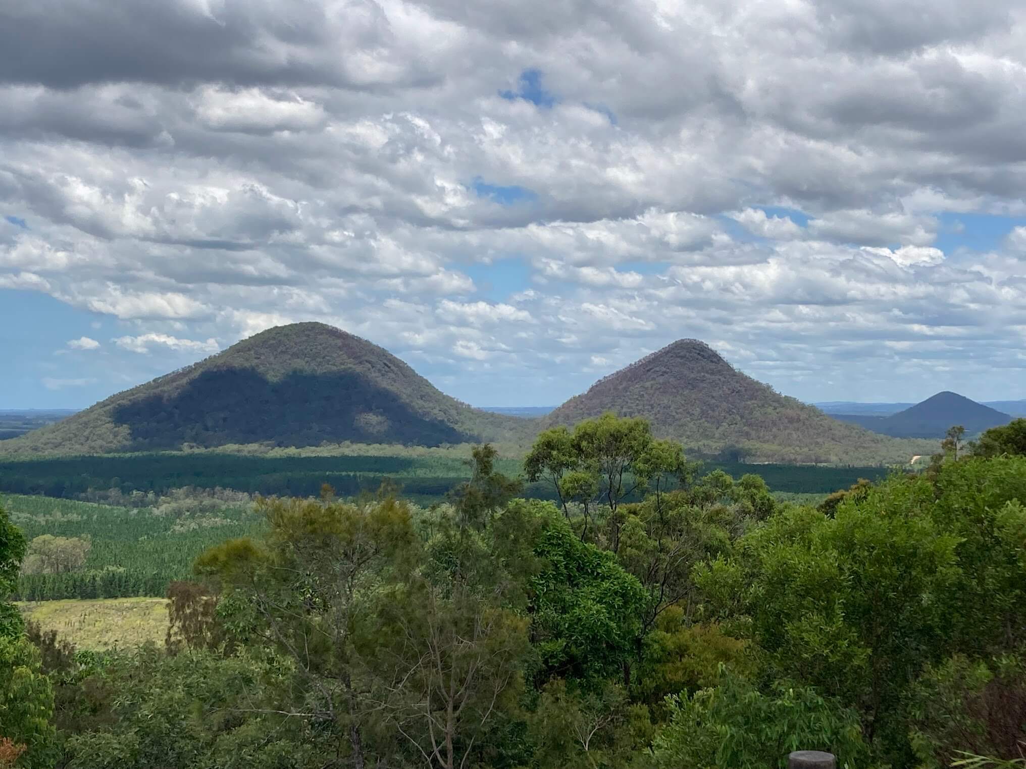 view of Glass House Mountains from a lookoff