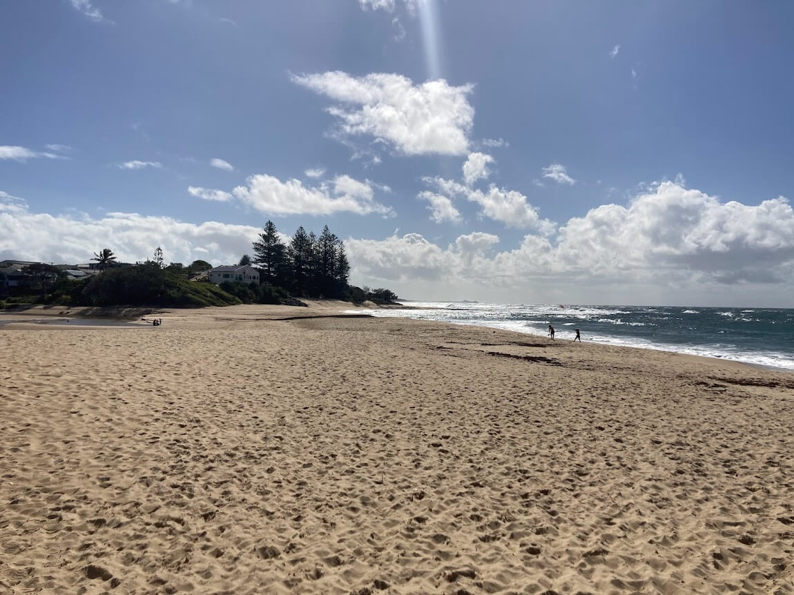 empty expanse of beach. Trees in background. Sea to right
