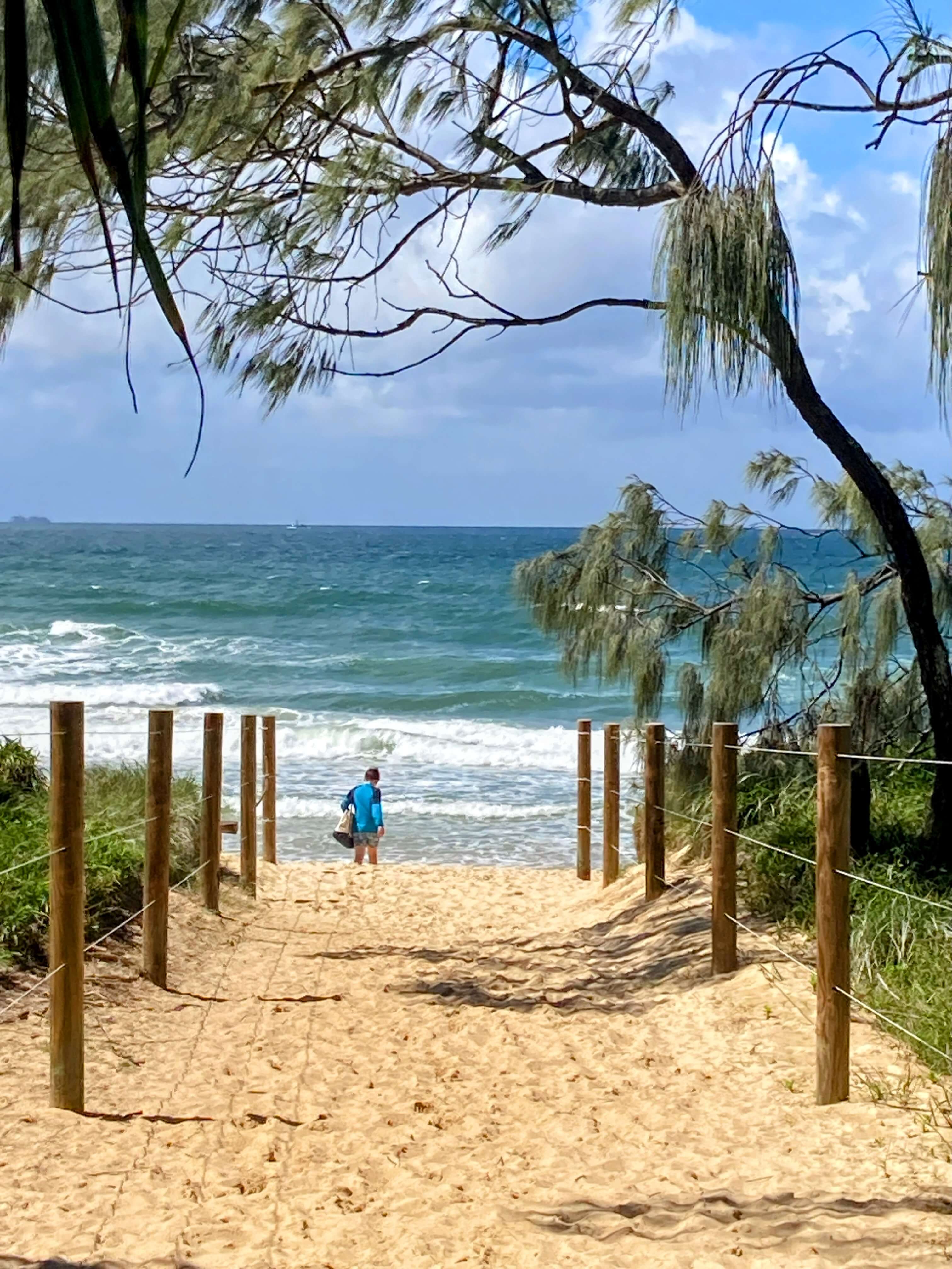 boy walks down sandy path to access a beach in Australia. Trees overhead and some hedges to the sides. Sea is straight ahead boy walks down sandy path to access a beach in Australia. Trees overhead and some hedges to the sides. Sea is straight ahead
